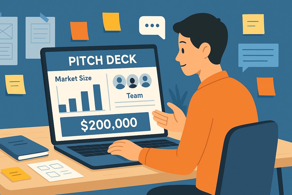 Student founder presenting investor pitch using a digital deck tool in a startup lab