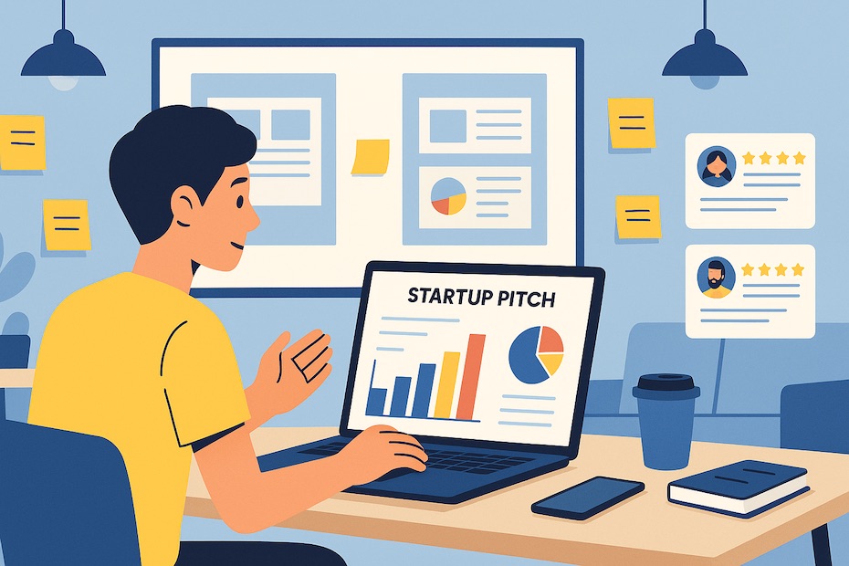 Gen Z student founder pitching a startup to investors on a laptop