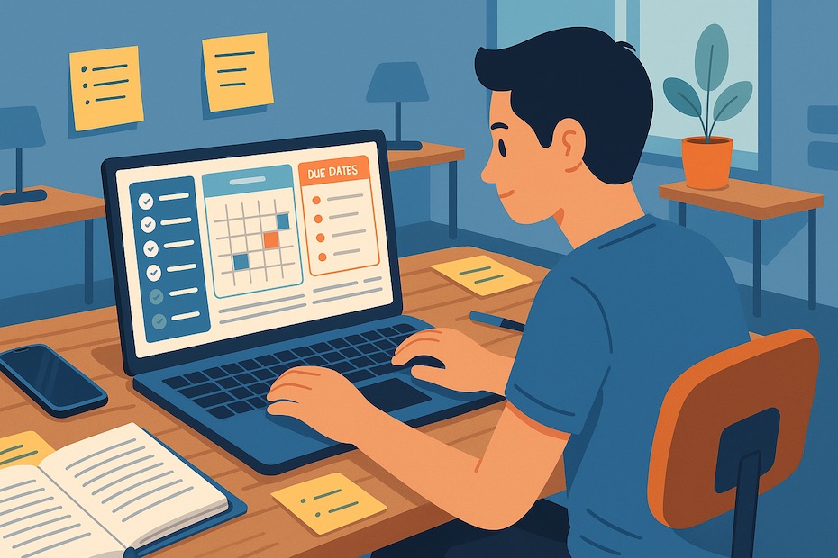 Student entrepreneur using time management software in shared workspace