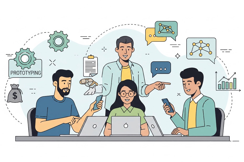 Illustration of student entrepreneurs using laptops and mobile devices with digital dashboards for design, finance, and collaboration.