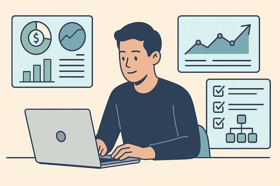 A professional studying digital dashboards representing startup strategy, financial planning, and growth tools.