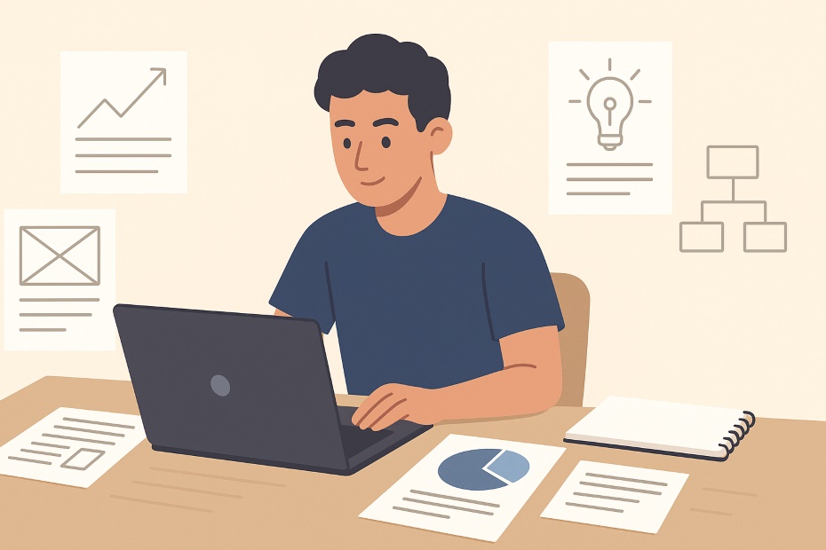 A student founder using a laptop surrounded by notes, charts, and design sketches symbolizing creative startup development.