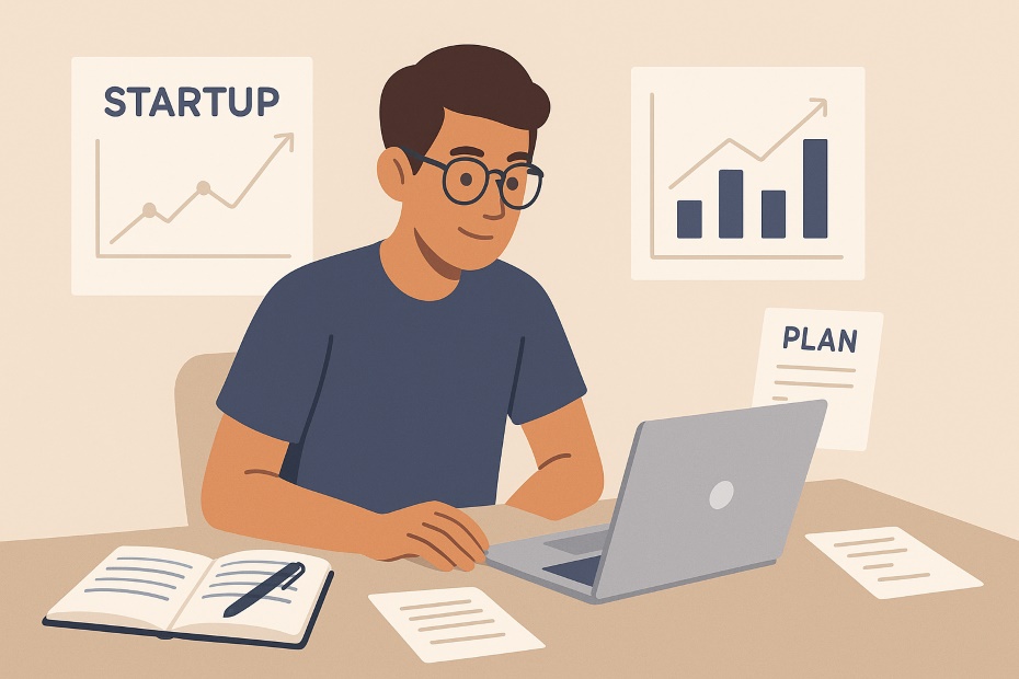 A college entrepreneur reviewing startup plans on a laptop, surrounded by charts and notes symbolizing business strategy.