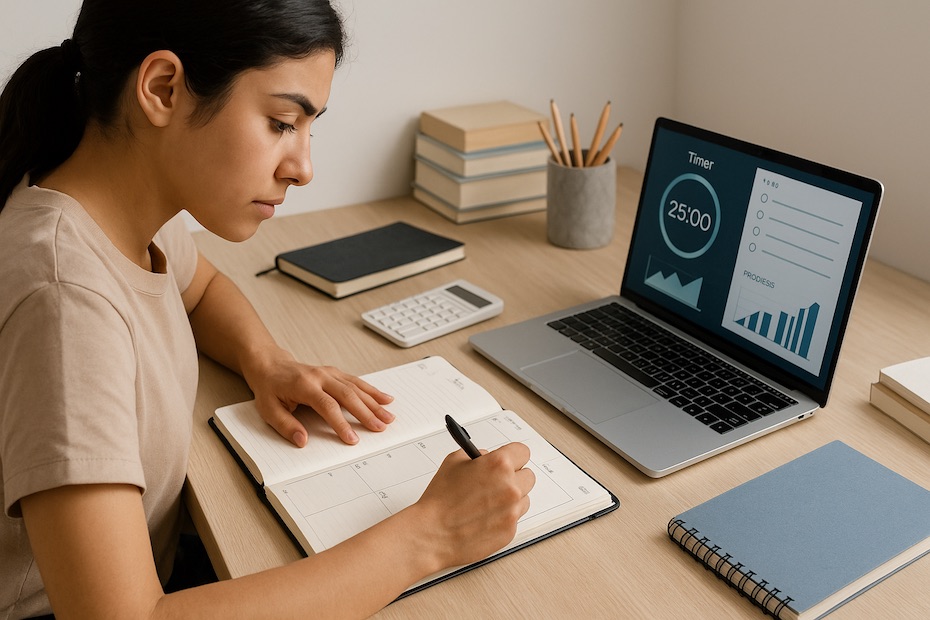A focused student working with a planner and laptop, surrounded by organized study materials.