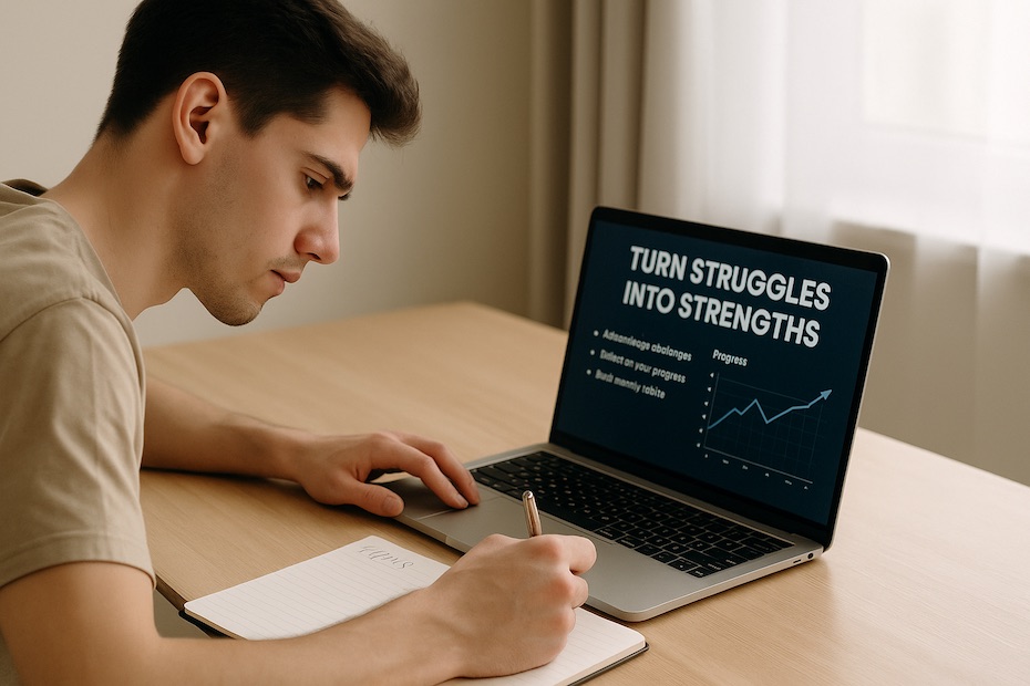 A determined student writing notes with a laptop open, showing motivational messages and progress charts.