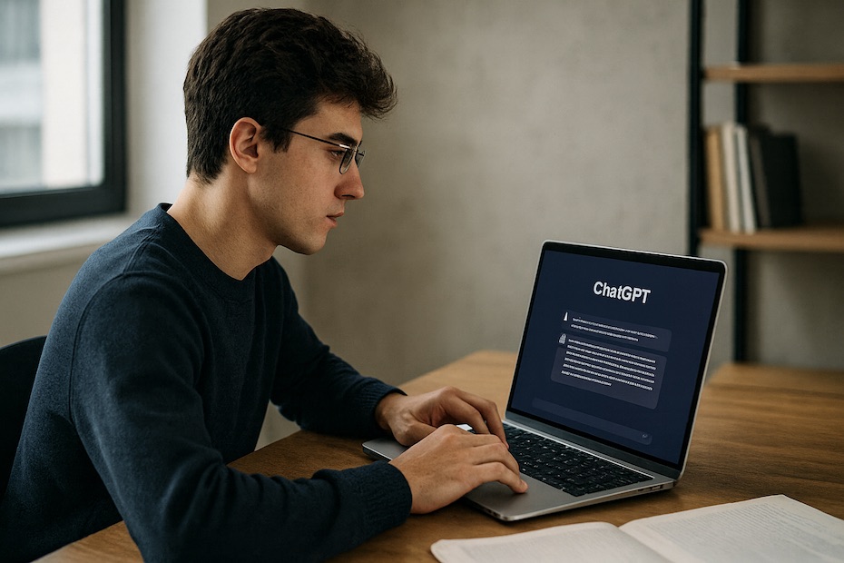 Student using ChatGPT on a laptop during a focused study session in a modern workspace