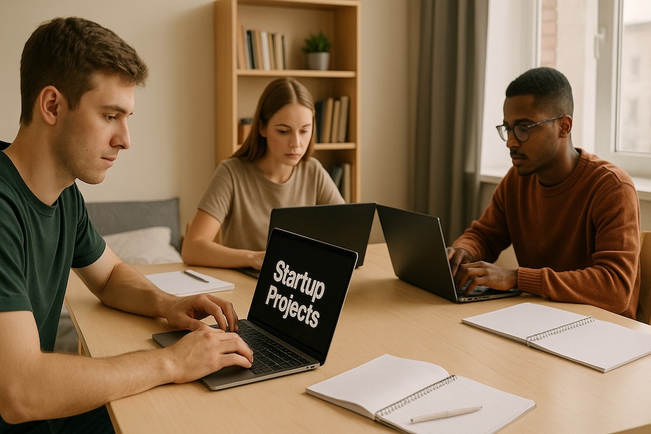 Students working on startup projects in a dorm room workspace