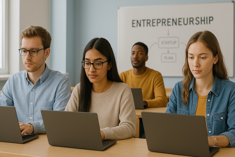 Students studying entrepreneurship concepts in a modern classroom with laptops