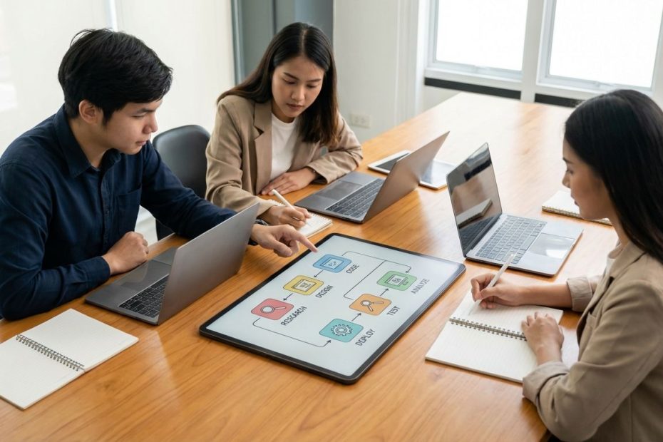 Students collaborate using Miro, Notion, Figma, Airtable, Bubble, and Slack on laptops in a shared workspace.