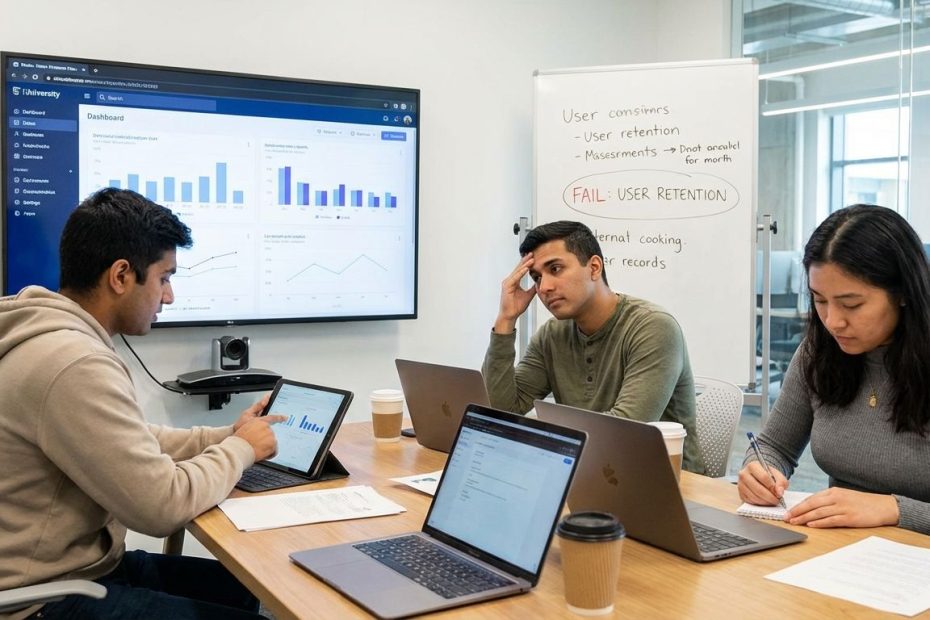Student founders reviewing startup metrics and notes after a setback, planning the next experiment