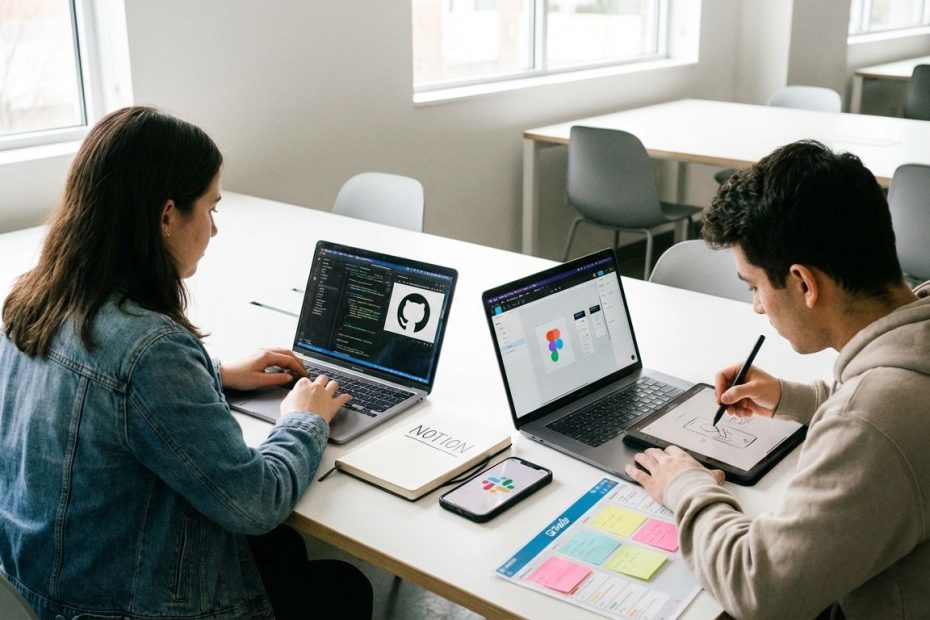 Student founders using GitHub, Figma, Notion, Slack, and Trello on laptops to plan and build a tech startup