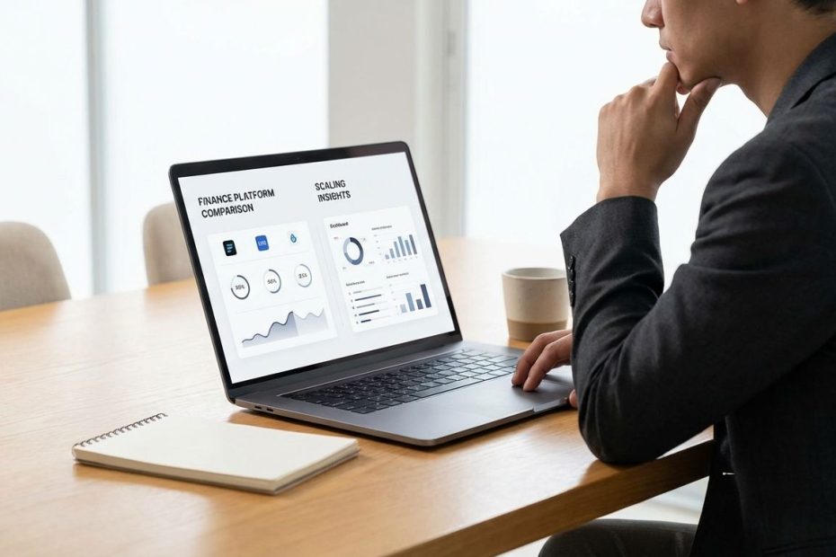Entrepreneur analyzing finance data platforms on a laptop with charts on screen