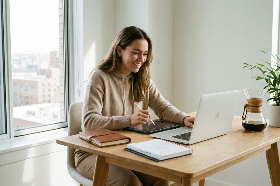 Student entrepreneur using a laptop with business tools and notes to build a startup