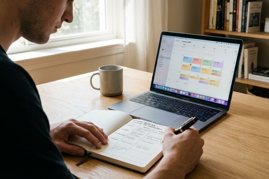Student studying at a desk with a planner and laptop while organizing tasks to stop procrastinating