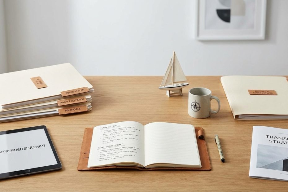 A clean professional workspace showing business planning notes, a laptop, financial documents, and a resignation letter set aside, representing the decision between starting a business and leaving a job.
