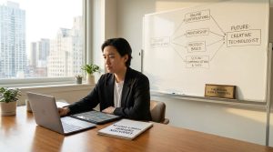 Young professional reviewing a career plan with a laptop and notebook while pursuing a nontraditional education path