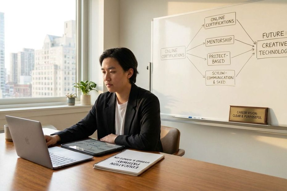 Young professional reviewing a career plan with a laptop and notebook while pursuing a nontraditional education path