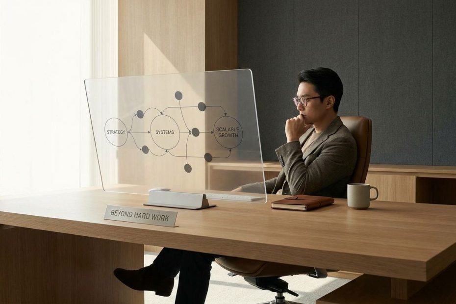 Business owner reviewing growth charts and workflow plans at a desk, showing that hard work alone does not build a successful business
