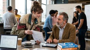 A young entrepreneur reviewing business notes and speaking with a mentor at a laptop.