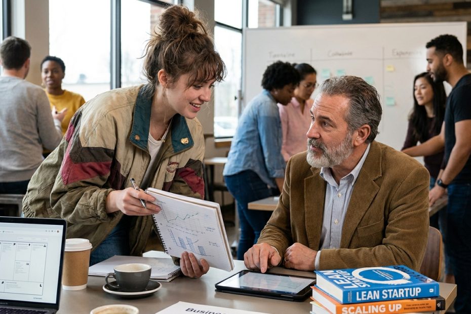 A young entrepreneur reviewing business notes and speaking with a mentor at a laptop.