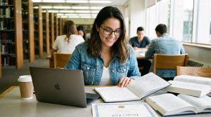 A confident student studying with a notebook and laptop in a classroom