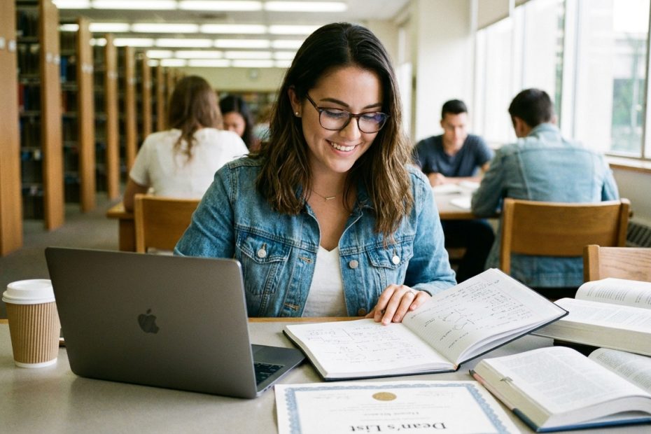 A confident student studying with a notebook and laptop in a classroom